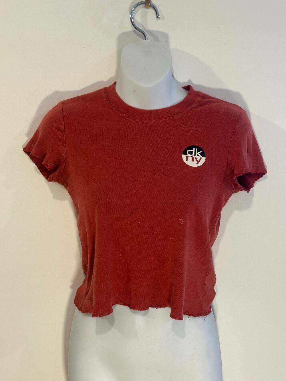 Vintage 90s DKNY Active Red Circle Logo Cropped Baby Tee Raw Hem USA P/S